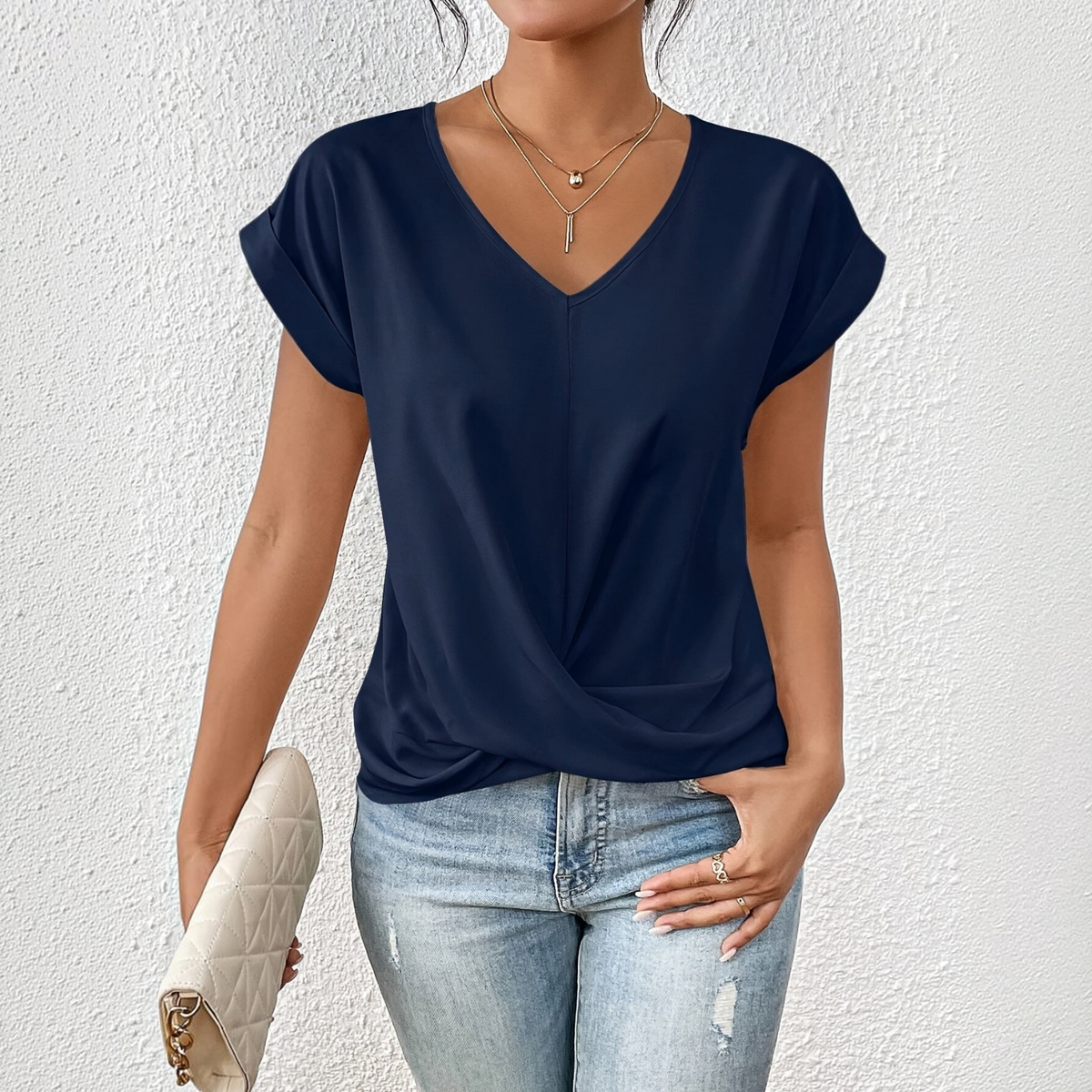 V-Neck Twist Front T-Shirt for Women with Short Sleeves and Relaxed Fit