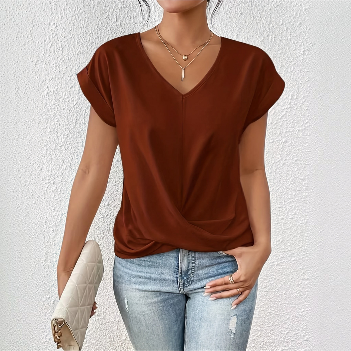 V-Neck Twist Front T-Shirt for Women with Short Sleeves and Relaxed Fit
