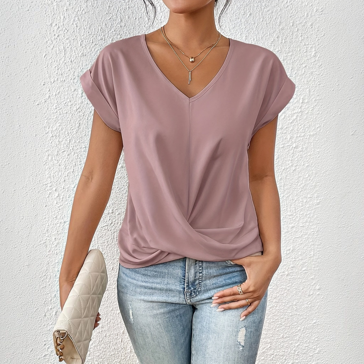 V-Neck Twist Front T-Shirt for Women with Short Sleeves and Relaxed Fit