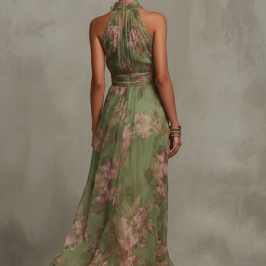 Floral Halter Maxi Dress with Open Back and Adjustable Neck Tie