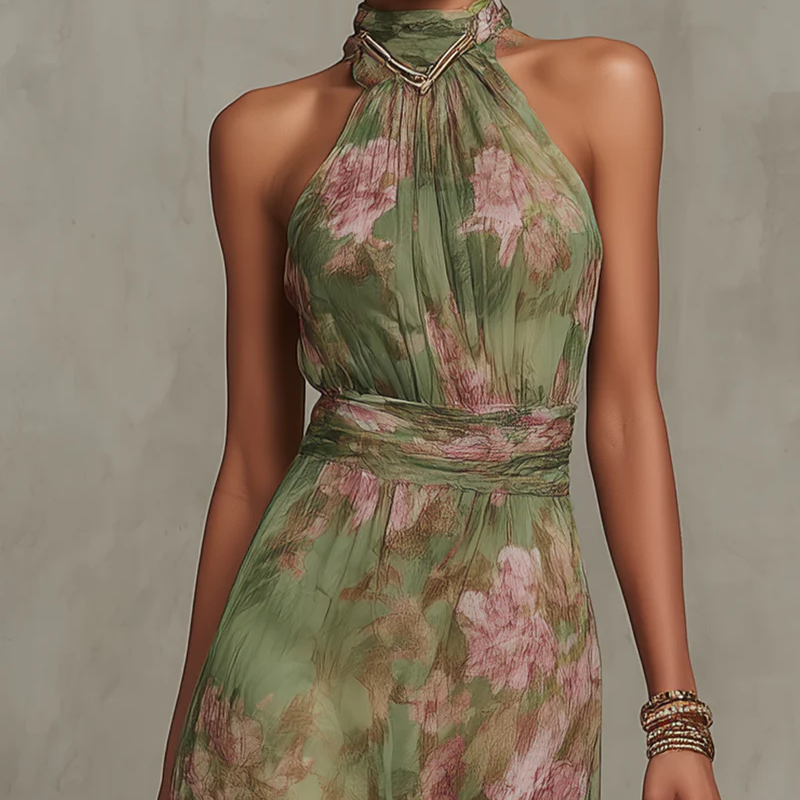 Floral Halter Maxi Dress with Open Back and Adjustable Neck Tie