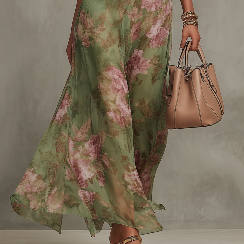 Floral Halter Maxi Dress with Open Back and Adjustable Neck Tie