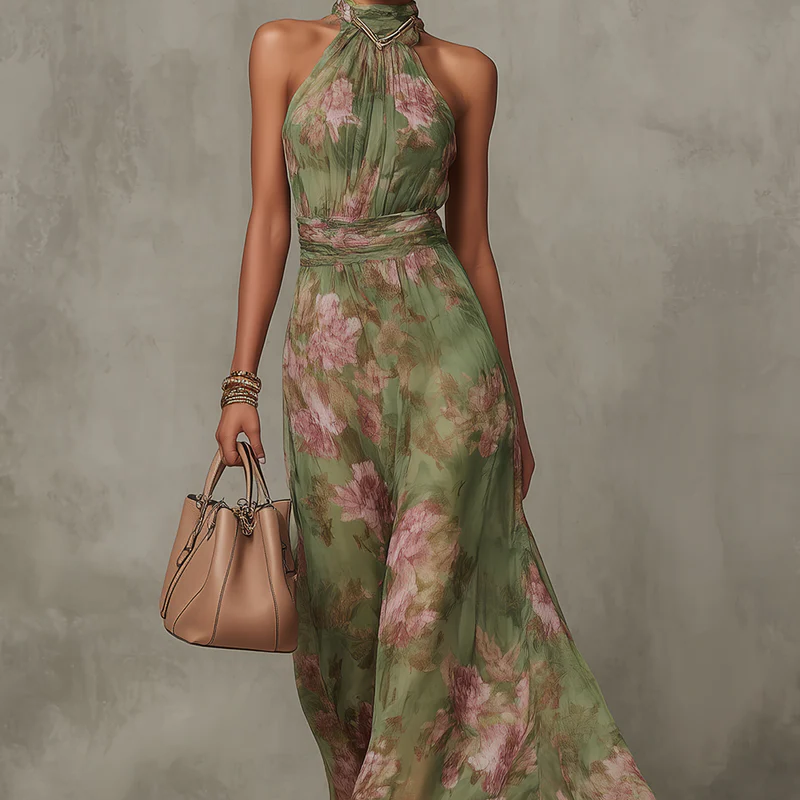 Floral Halter Maxi Dress with Open Back and Adjustable Neck Tie