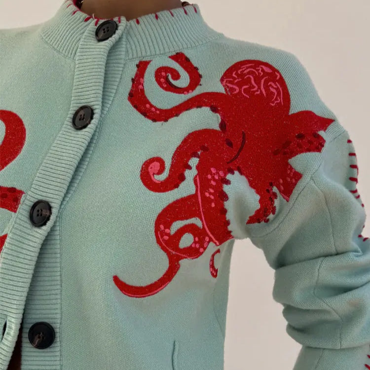 Button Front Cardigan with Octopus Graphic and Ribbed Cuffs
