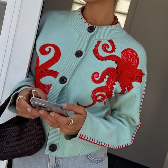 Button Front Cardigan with Octopus Graphic and Ribbed Cuffs