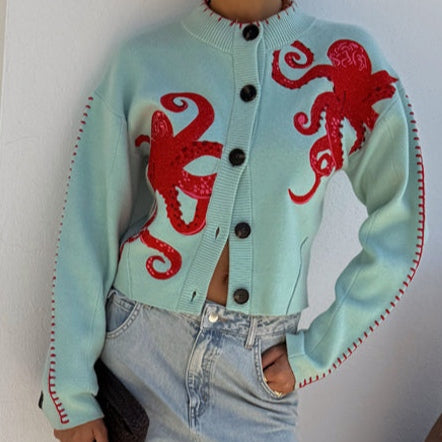 Button Front Cardigan with Octopus Graphic and Ribbed Cuffs