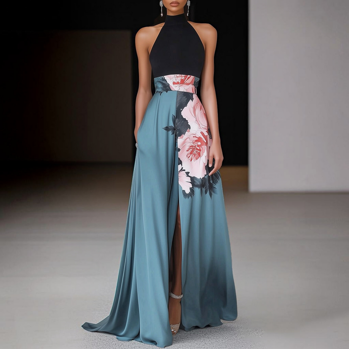 A-Line Maxi Dress with Side Slit and Crew Neck, Fully Lined Floral Print on Dark Base