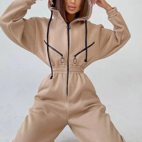 Womens Long Sleeve Hooded Jumpsuit with Front Zipper and Jogger Cuffs