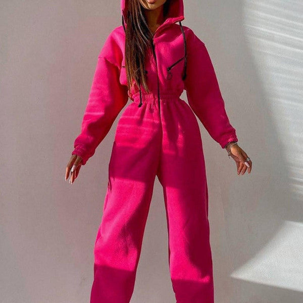 Womens Long Sleeve Hooded Jumpsuit with Front Zipper and Jogger Cuffs