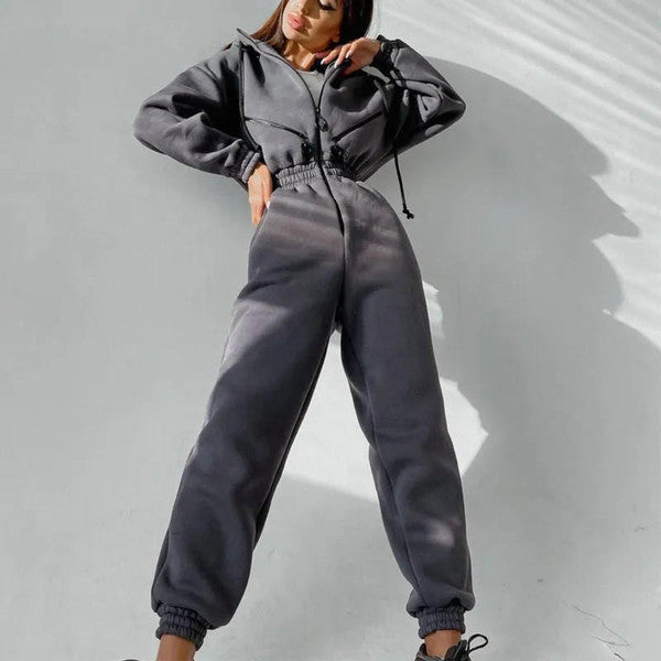 Womens Long Sleeve Hooded Jumpsuit with Front Zipper and Jogger Cuffs