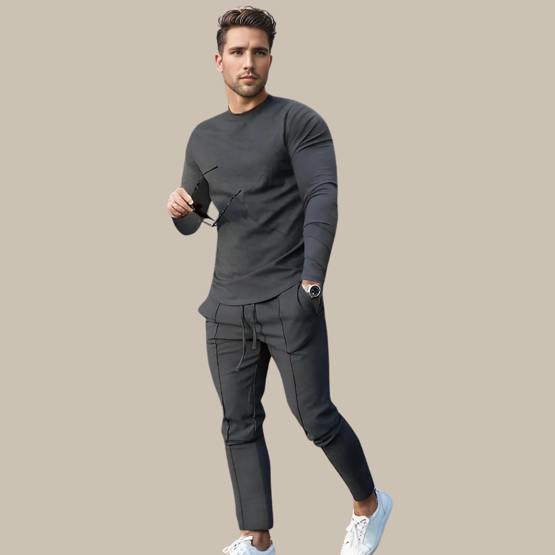 Mens Two-Piece Loungewear Set with Long-Sleeve Top and Jogger Pants, Relaxed Fit