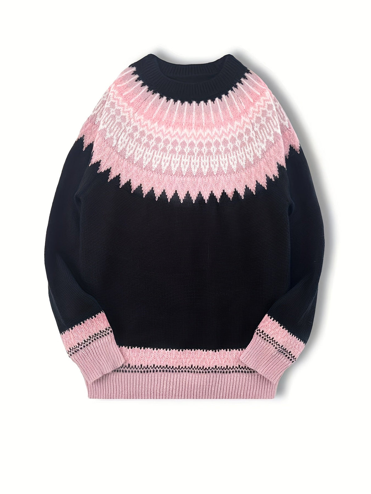 Chunky Jacquard Knit Sweater with Round Neck and Relaxed Fit