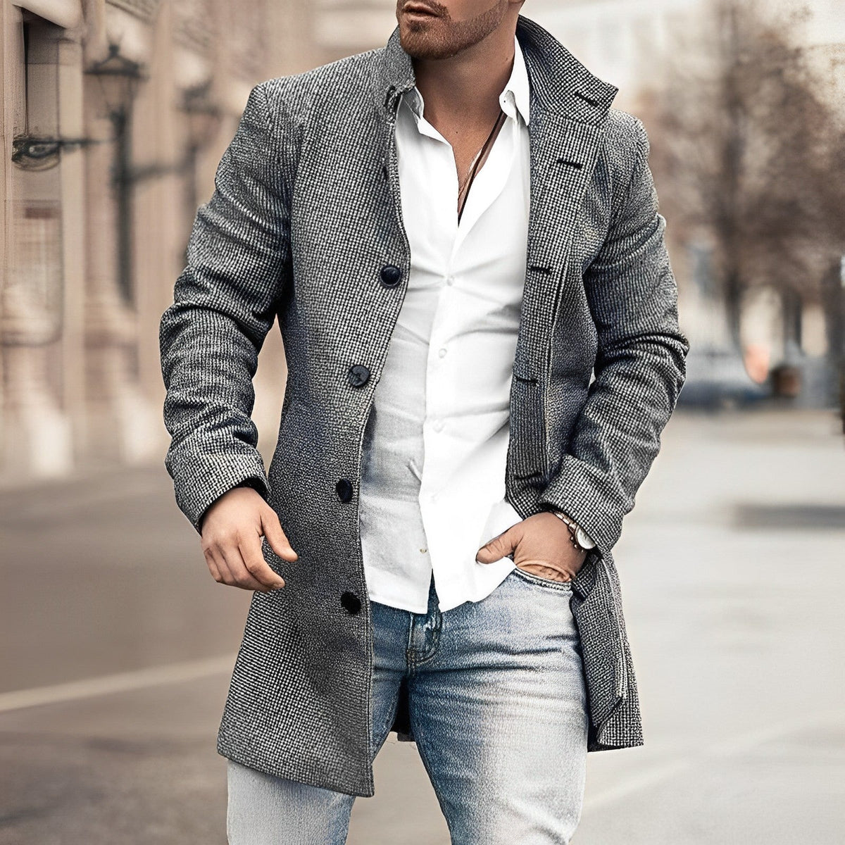 Mens Long Coat with Button Front and Tailored Fit, Wool-Blend Lining