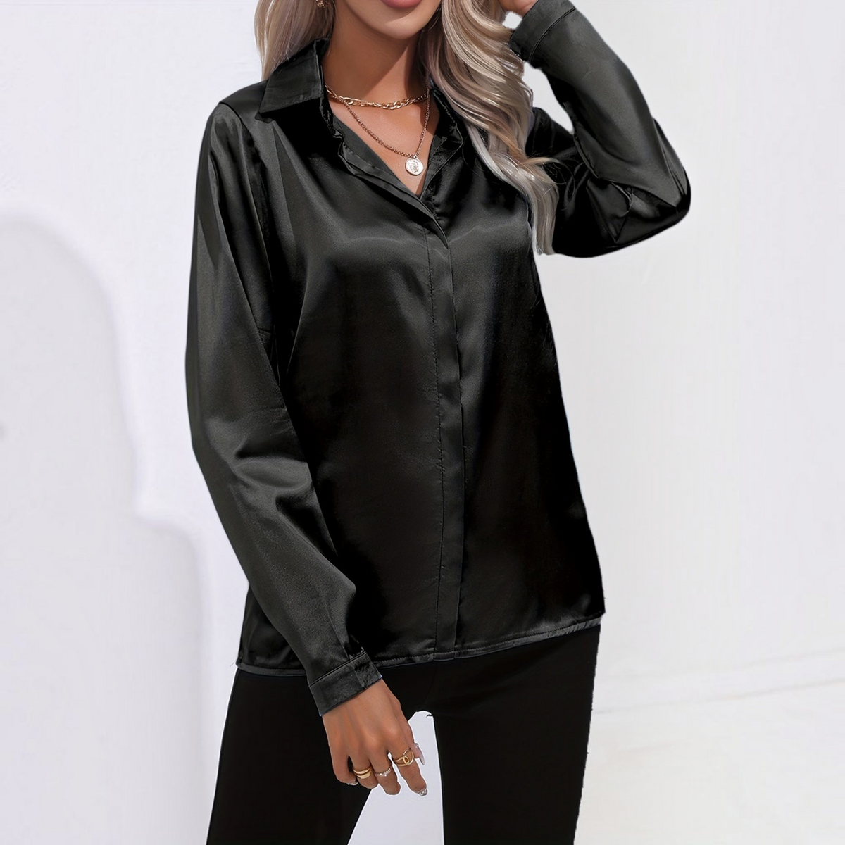 Satin Blouse for Women with Button Down Front and Long Sleeves, Tailored Relaxed Fit