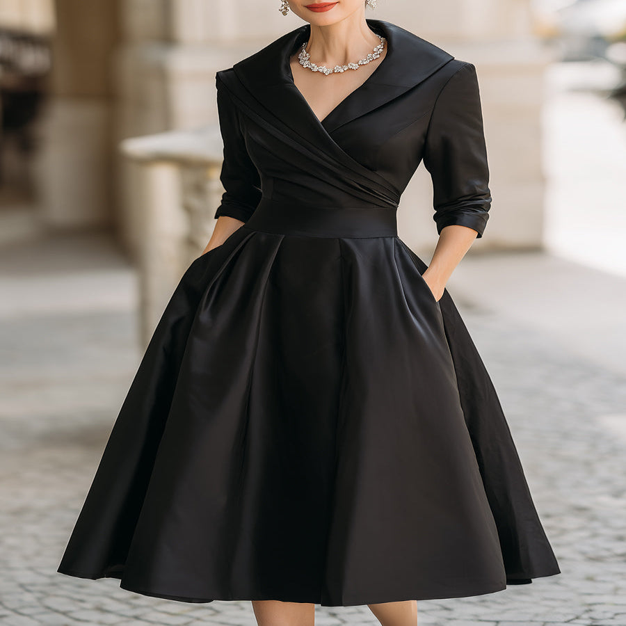 Satin-Like Midi Dress with Stretch Blend and Semi-Fitted Bodice - Mid-Calf Length