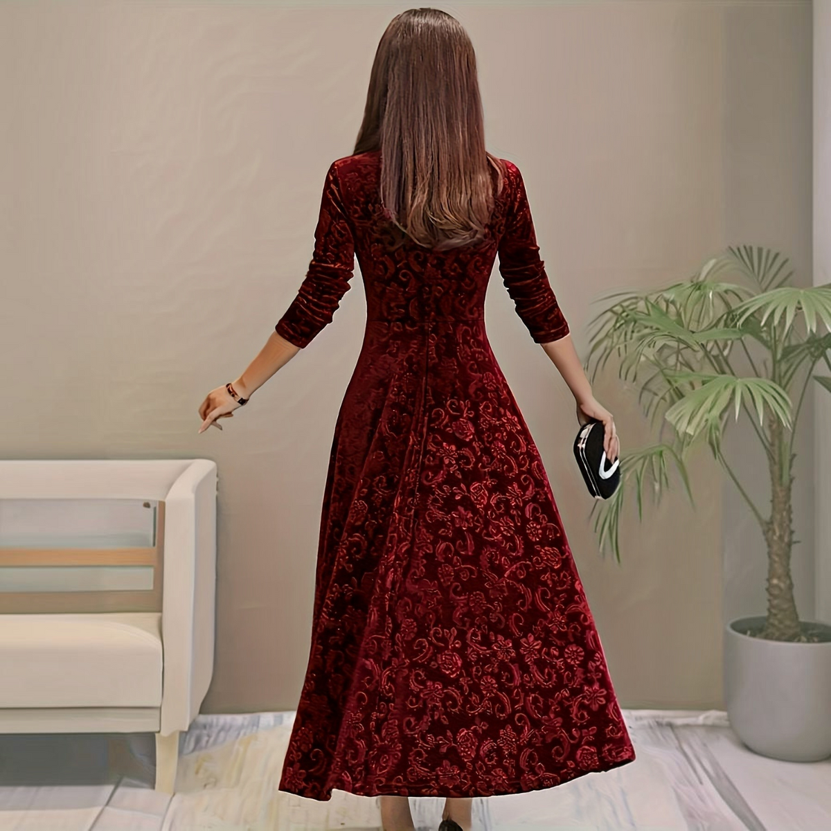 Velvet Midi Dress with Floral Embroidery and Three-Quarter Sleeves, Back Zipper