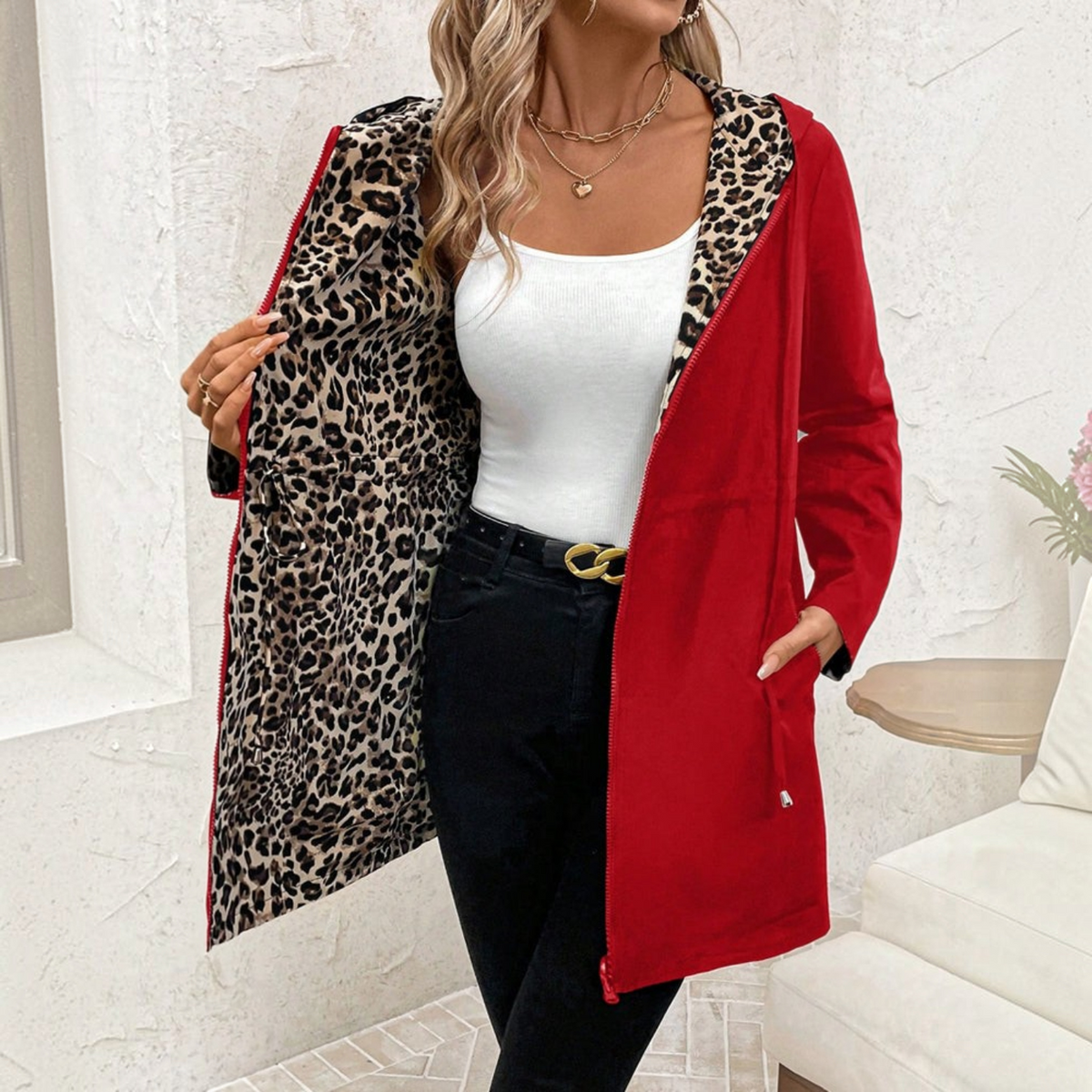Reversible Coat with Leopard Print and Neutral Side, Relaxed Draping Silhouette