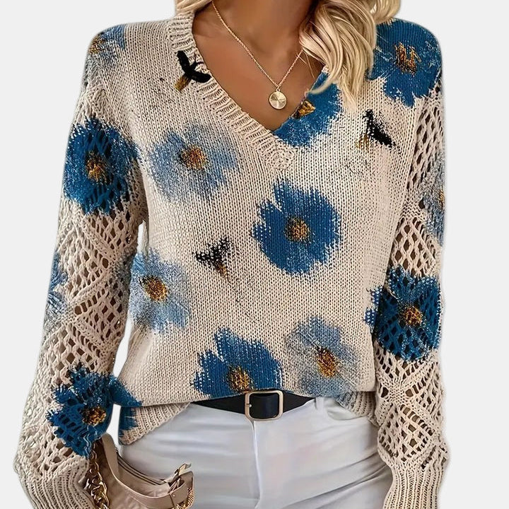 Floral Knit Sweater with V-Neckline and Open Sleeves for Women - Ribbed Hem