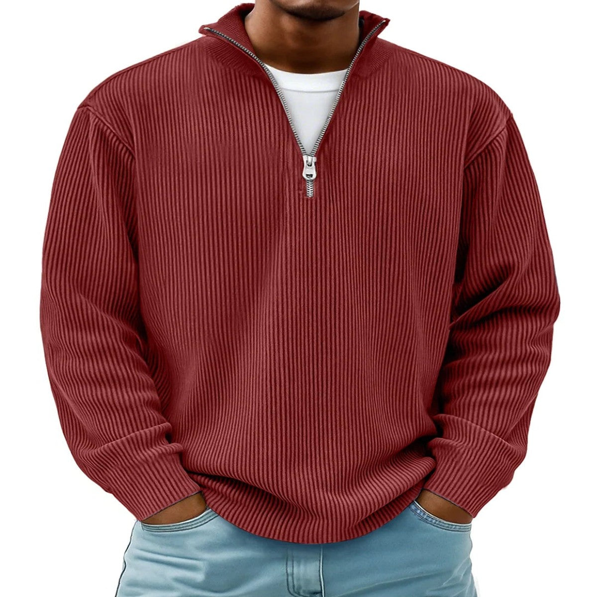 Mens Quarter Zip Pullover Knit Sweater with Stand Collar and Ribbed Cuffs