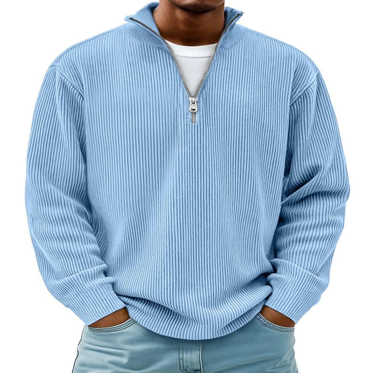 Mens Quarter Zip Pullover Knit Sweater with Stand Collar and Ribbed Cuffs