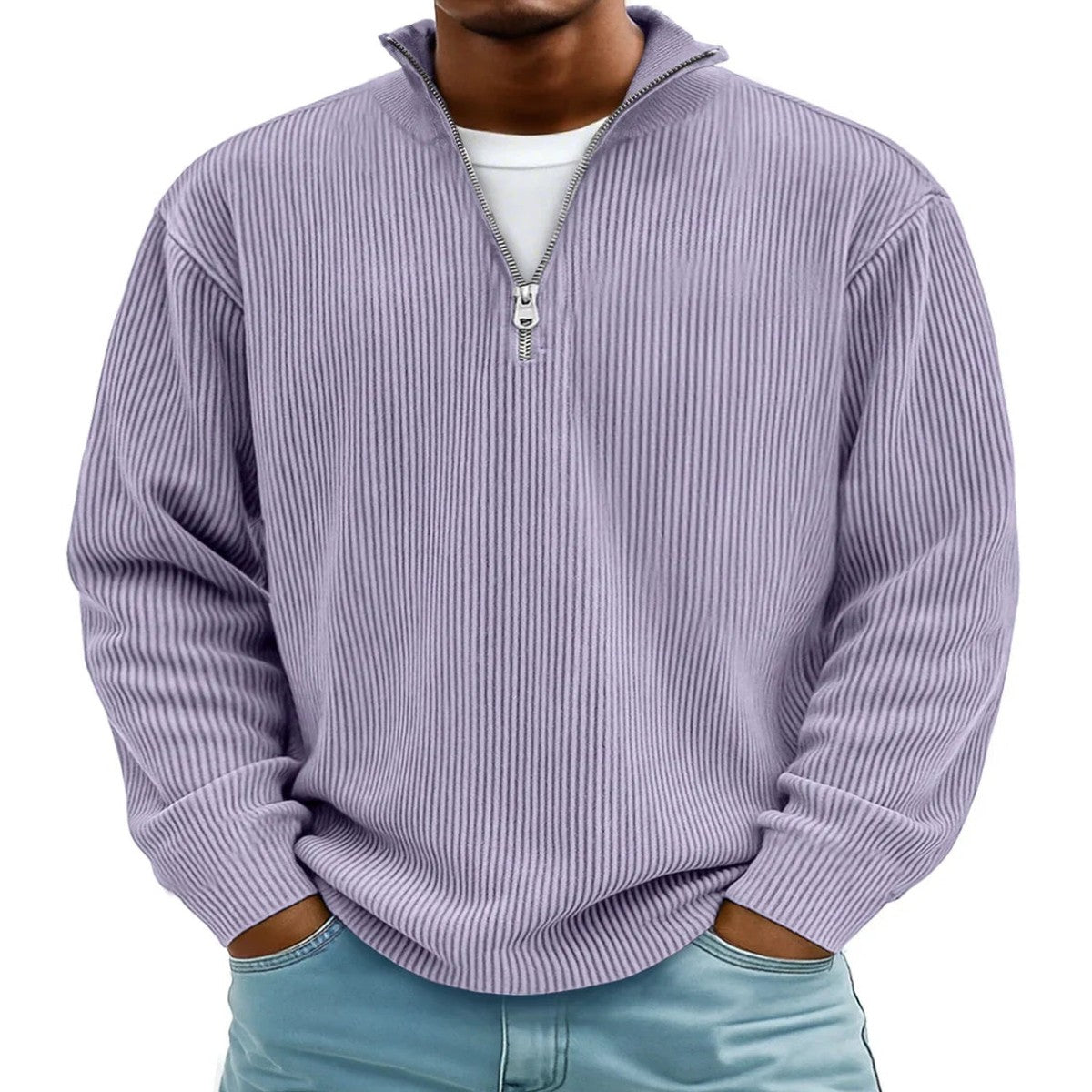 Mens Quarter Zip Pullover Knit Sweater with Stand Collar and Ribbed Cuffs