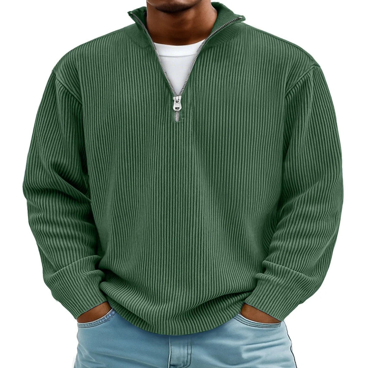 Mens Quarter Zip Pullover Knit Sweater with Stand Collar and Ribbed Cuffs