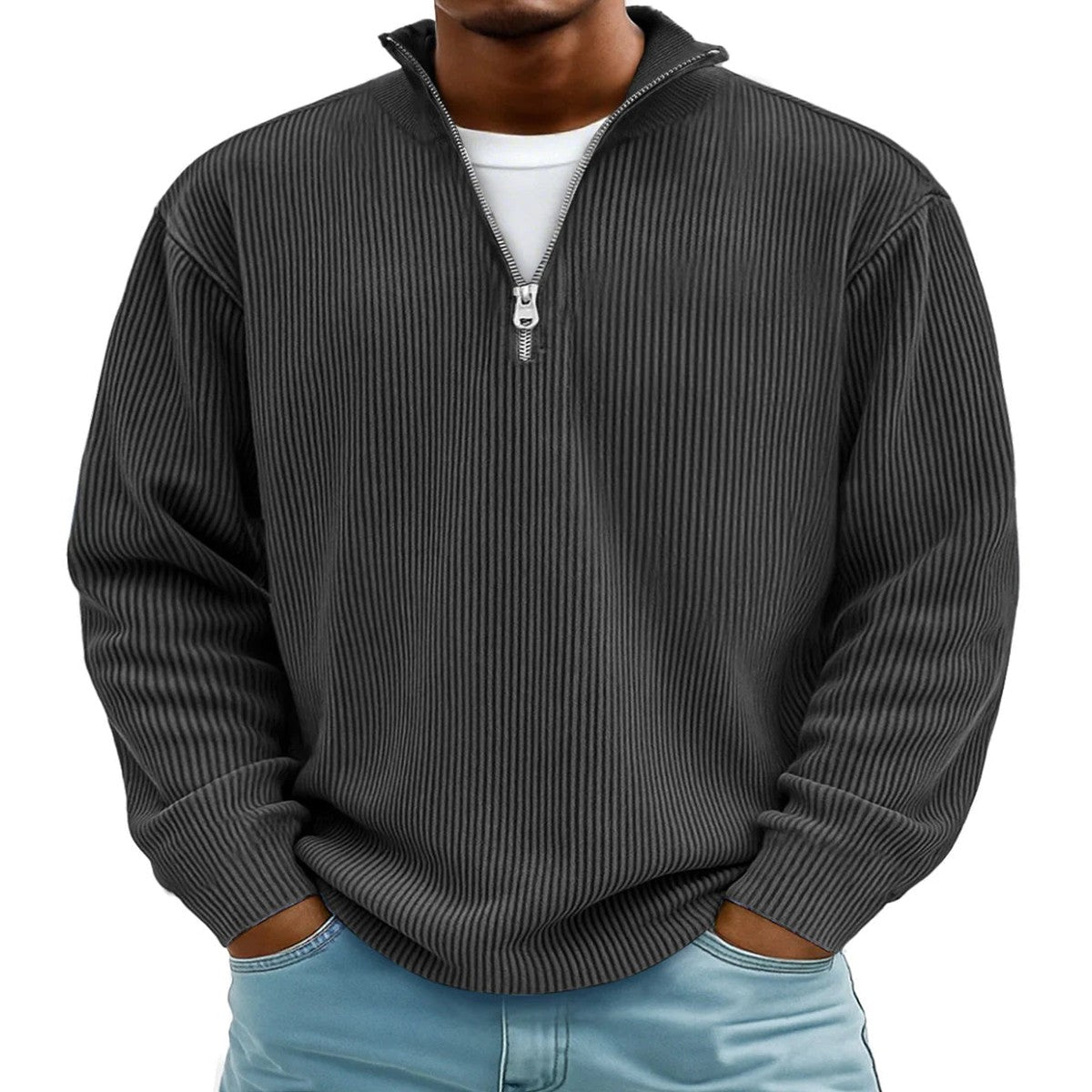 Mens Quarter Zip Pullover Knit Sweater with Stand Collar and Ribbed Cuffs