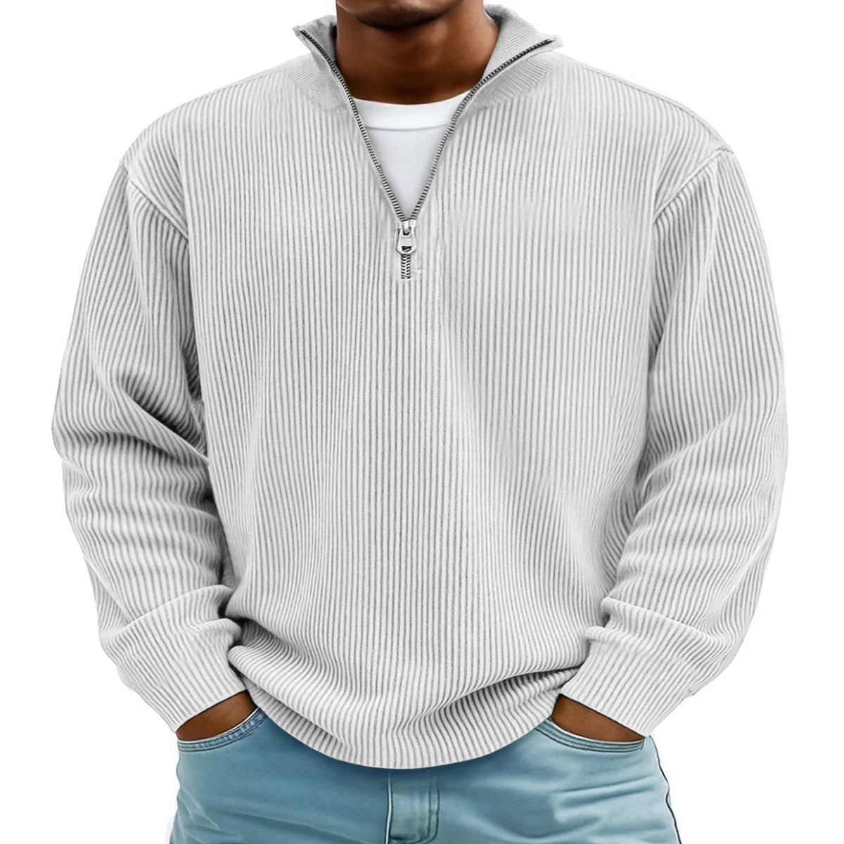 Mens Quarter Zip Pullover Knit Sweater with Stand Collar and Ribbed Cuffs