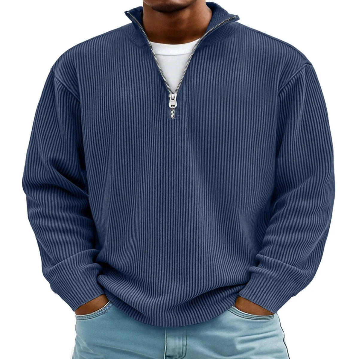 Mens Quarter Zip Pullover Knit Sweater with Stand Collar and Ribbed Cuffs