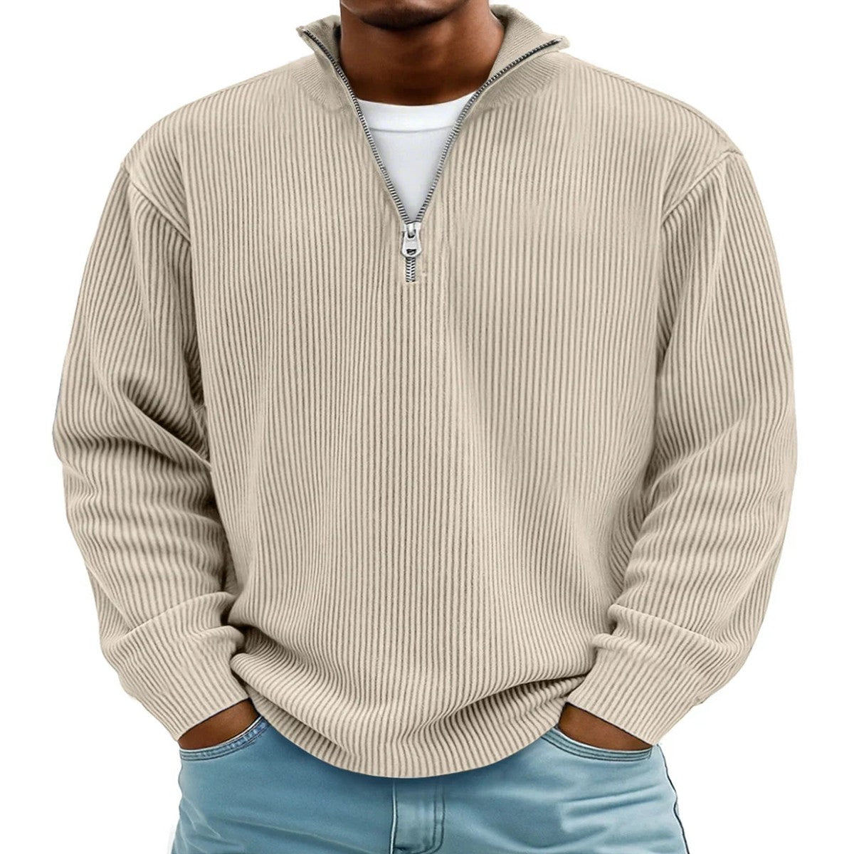 Mens Quarter Zip Pullover Knit Sweater with Stand Collar and Ribbed Cuffs