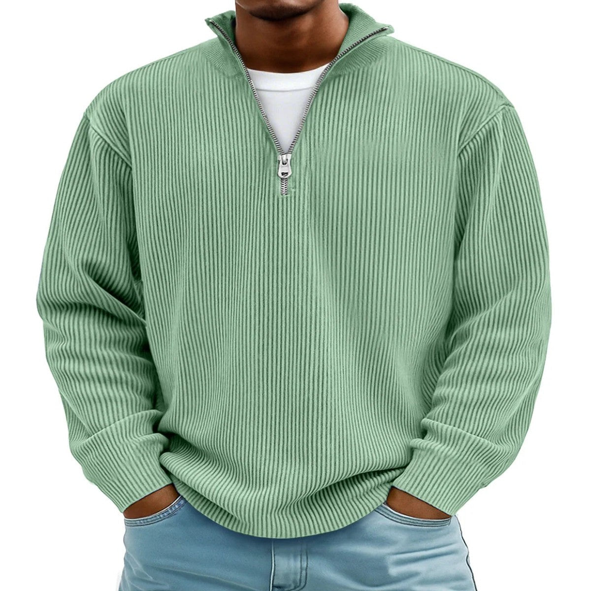 Mens Quarter Zip Pullover Knit Sweater with Stand Collar and Ribbed Cuffs