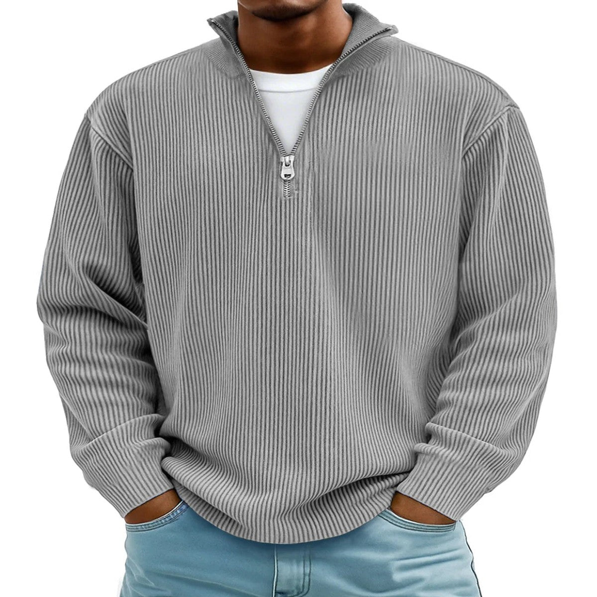 Mens Quarter Zip Pullover Knit Sweater with Stand Collar and Ribbed Cuffs