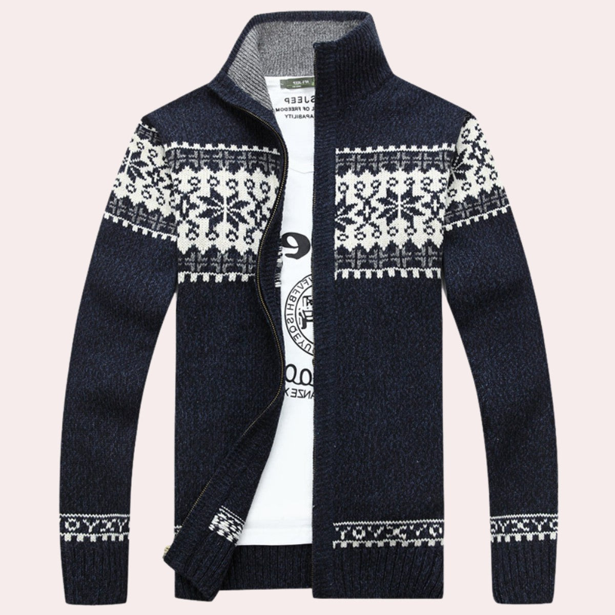 Mens Fleece Lined Zip Up Cardigan Sweater with Fair Isle Geometric Pattern