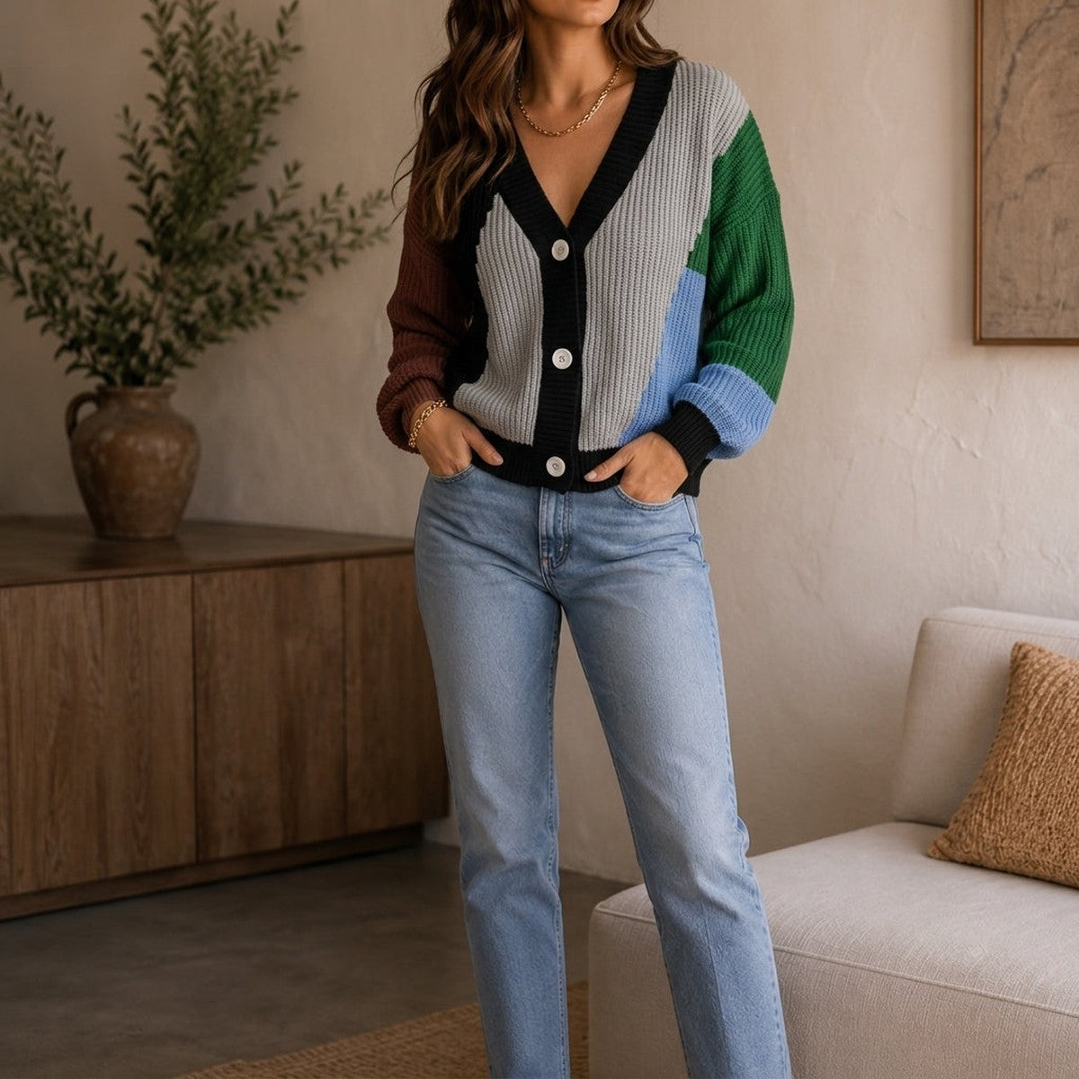 Knitted Color Block Cardigan Sweater with Contrast Stitching and Front Buttons