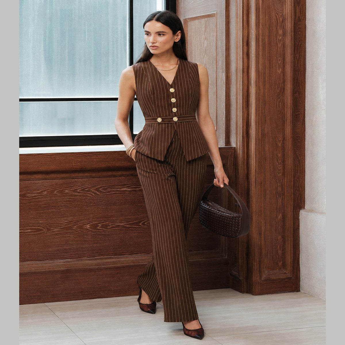 Tailored Vest and Straight Leg Pants Two Piece Set with Brown Pinstripes