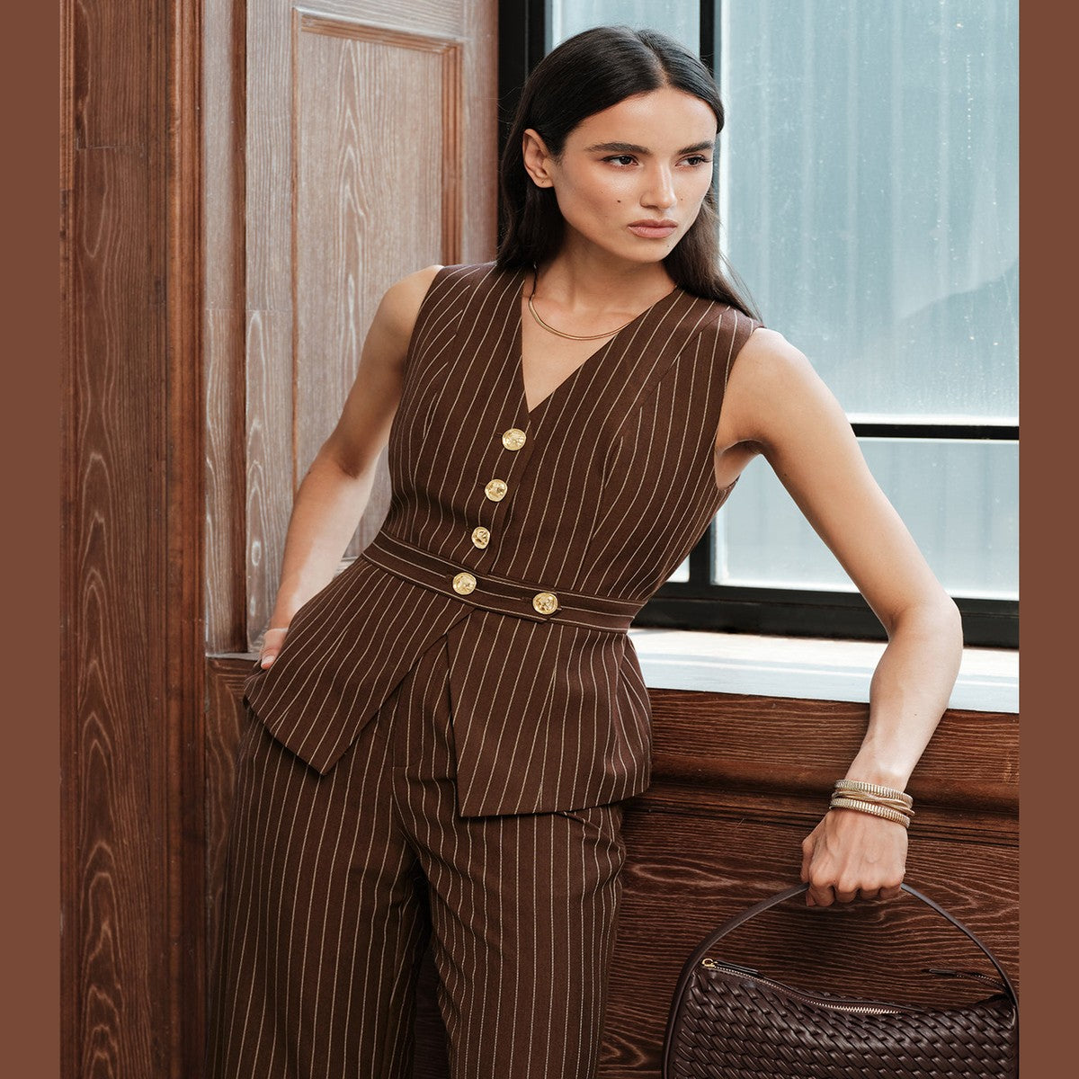 Tailored Vest and Straight Leg Pants Two Piece Set with Brown Pinstripes
