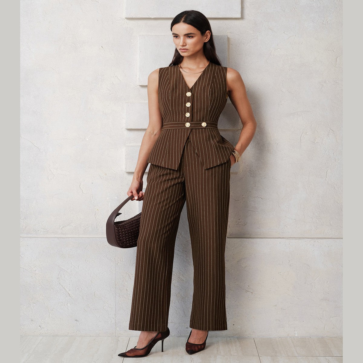 Tailored Vest and Straight Leg Pants Two Piece Set with Brown Pinstripes