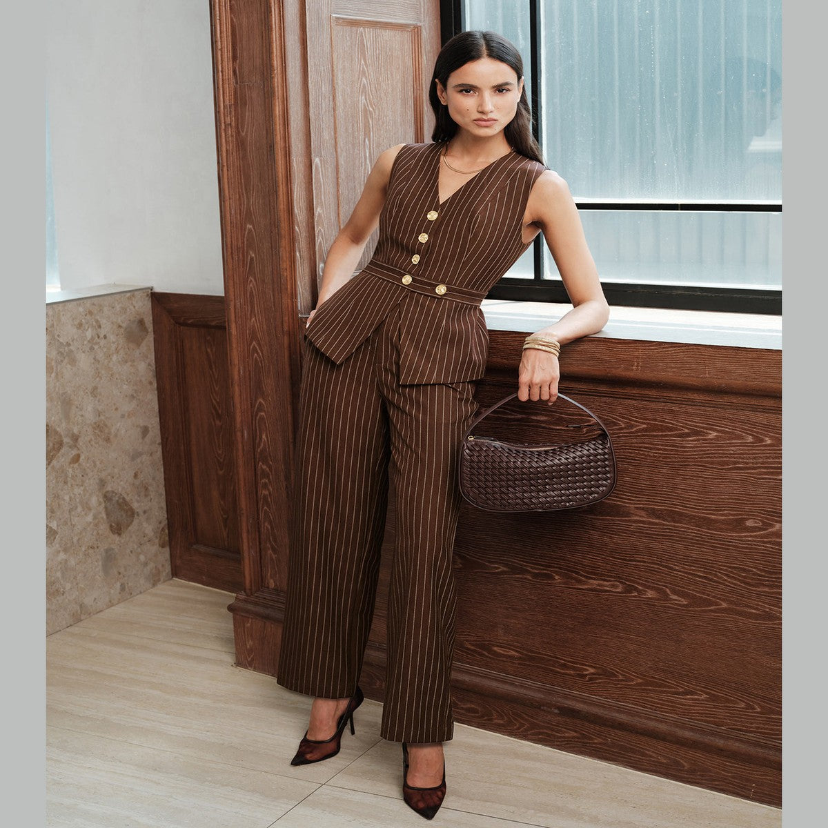 Tailored Vest and Straight Leg Pants Two Piece Set with Brown Pinstripes