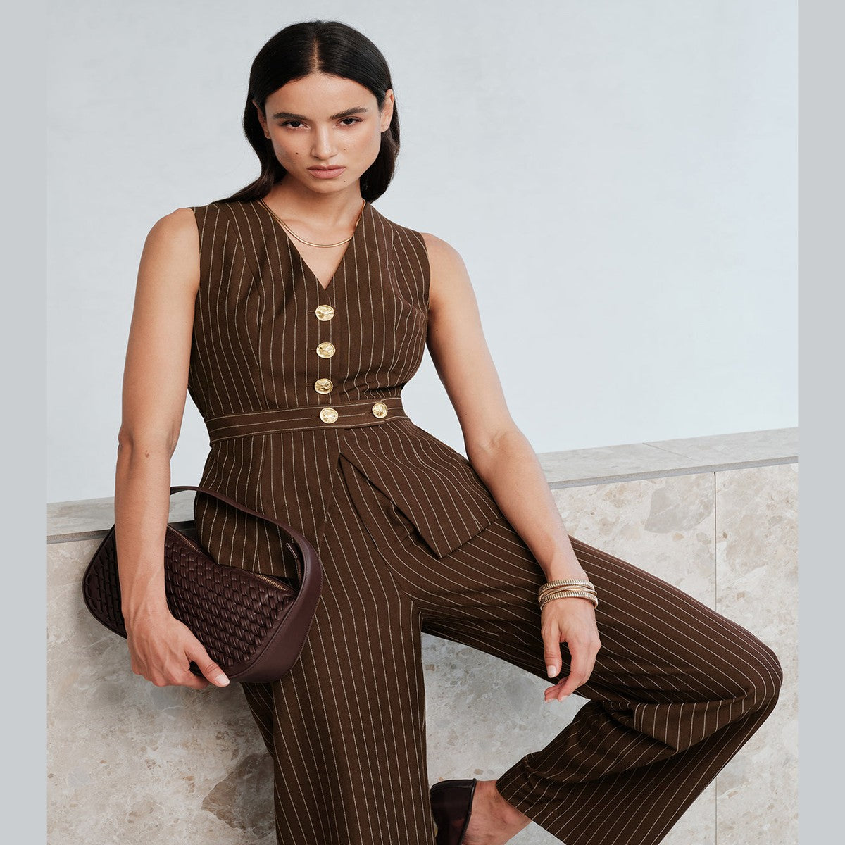 Tailored Vest and Straight Leg Pants Two Piece Set with Brown Pinstripes