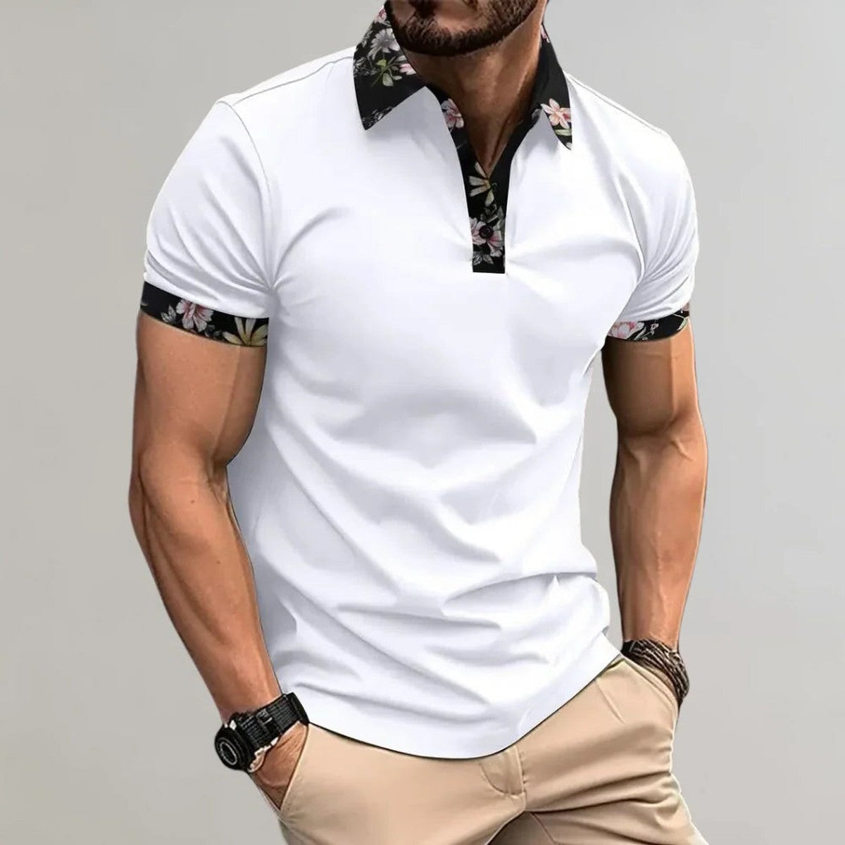 Men Breathable Short Sleeve Polo Shirt with Contrast Tipped Collar and Chest Pocket