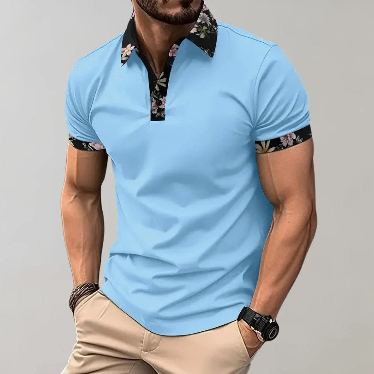 Men Breathable Short Sleeve Polo Shirt with Contrast Tipped Collar and Chest Pocket