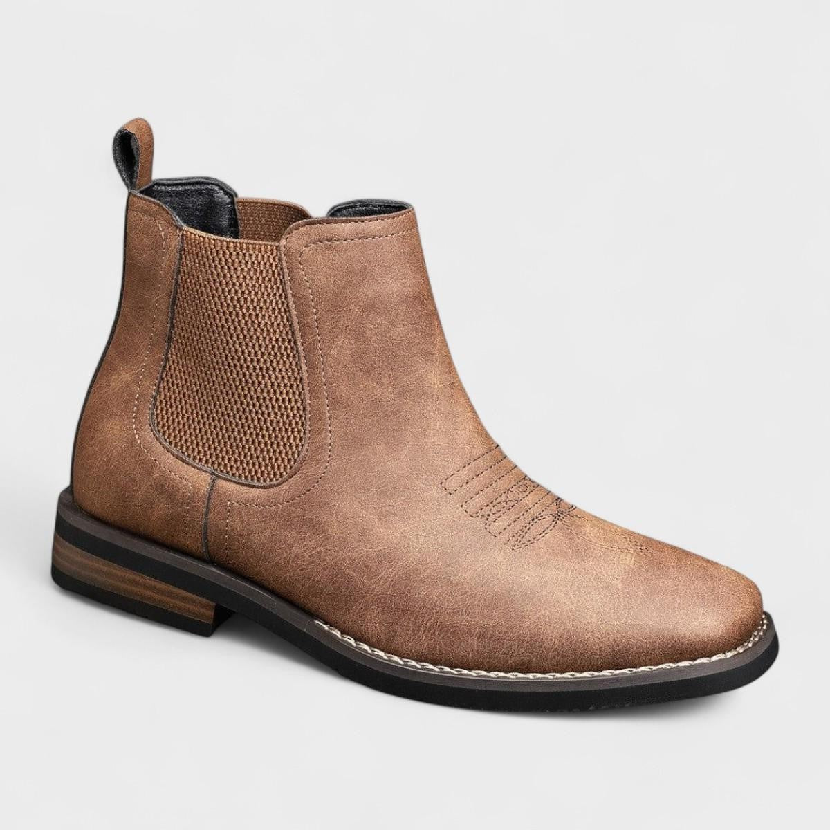 Men Leather Ankle Dress Boots with Square Toe and Elastic Side Panels