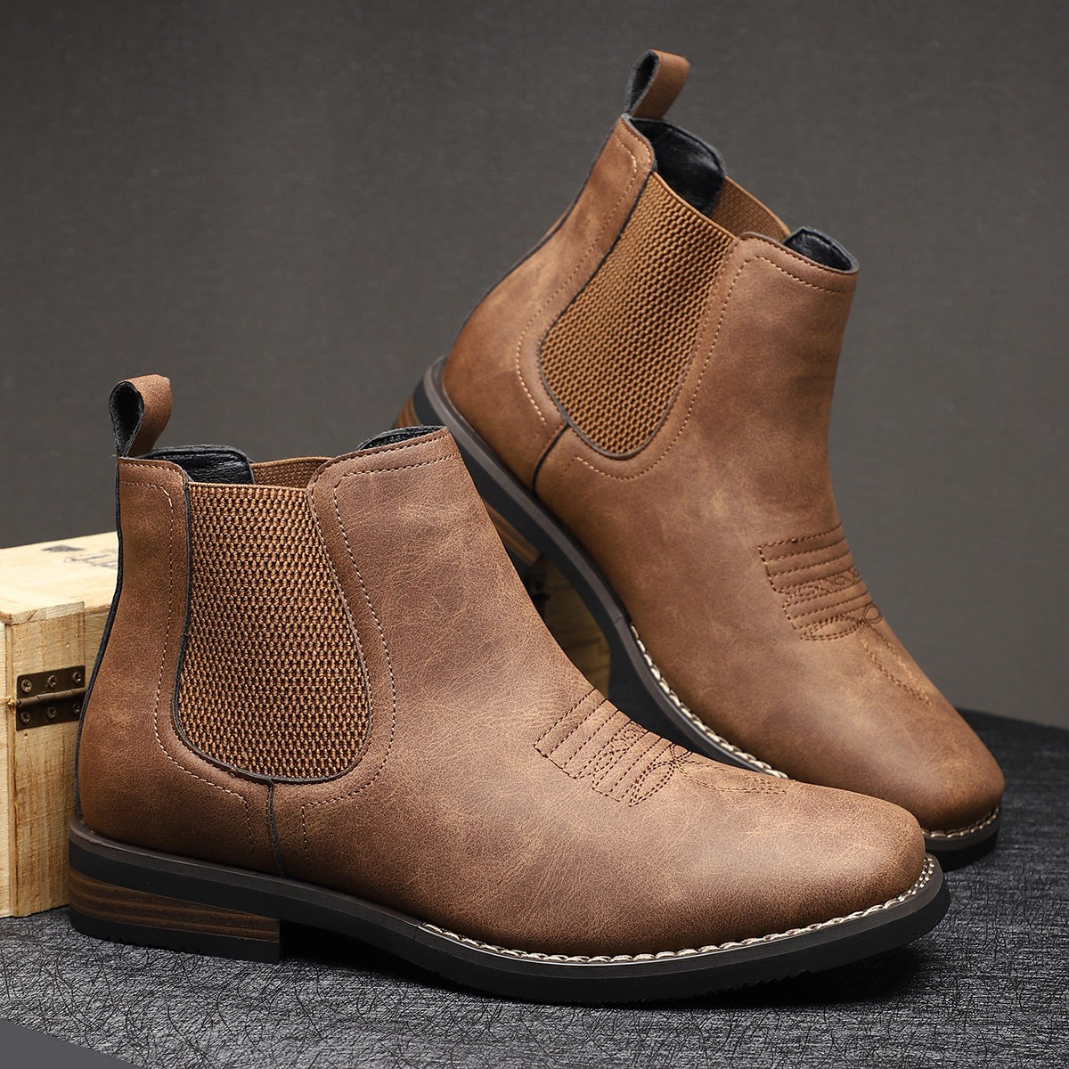 Men Leather Ankle Dress Boots with Square Toe and Elastic Side Panels