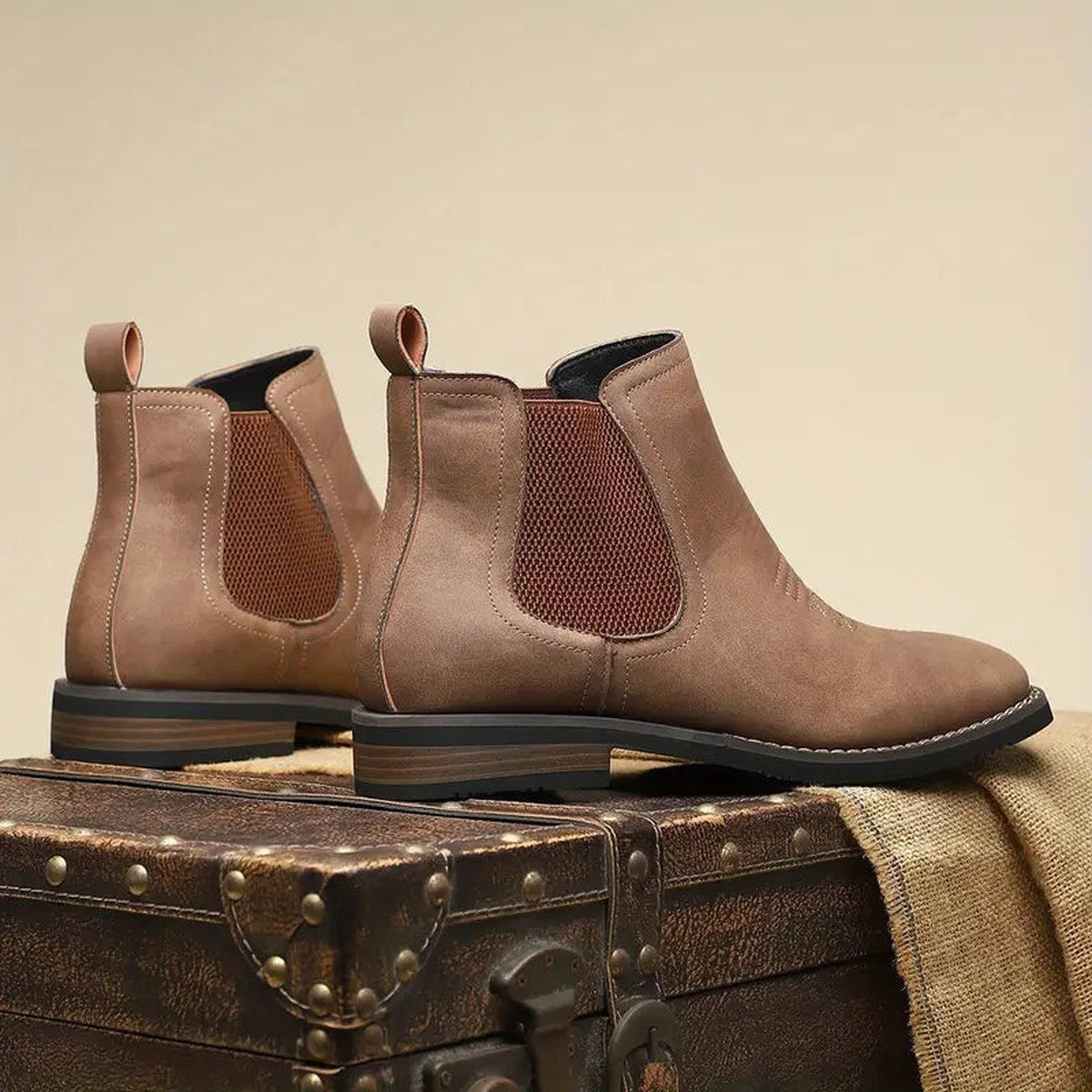 Men Leather Ankle Dress Boots with Square Toe and Elastic Side Panels