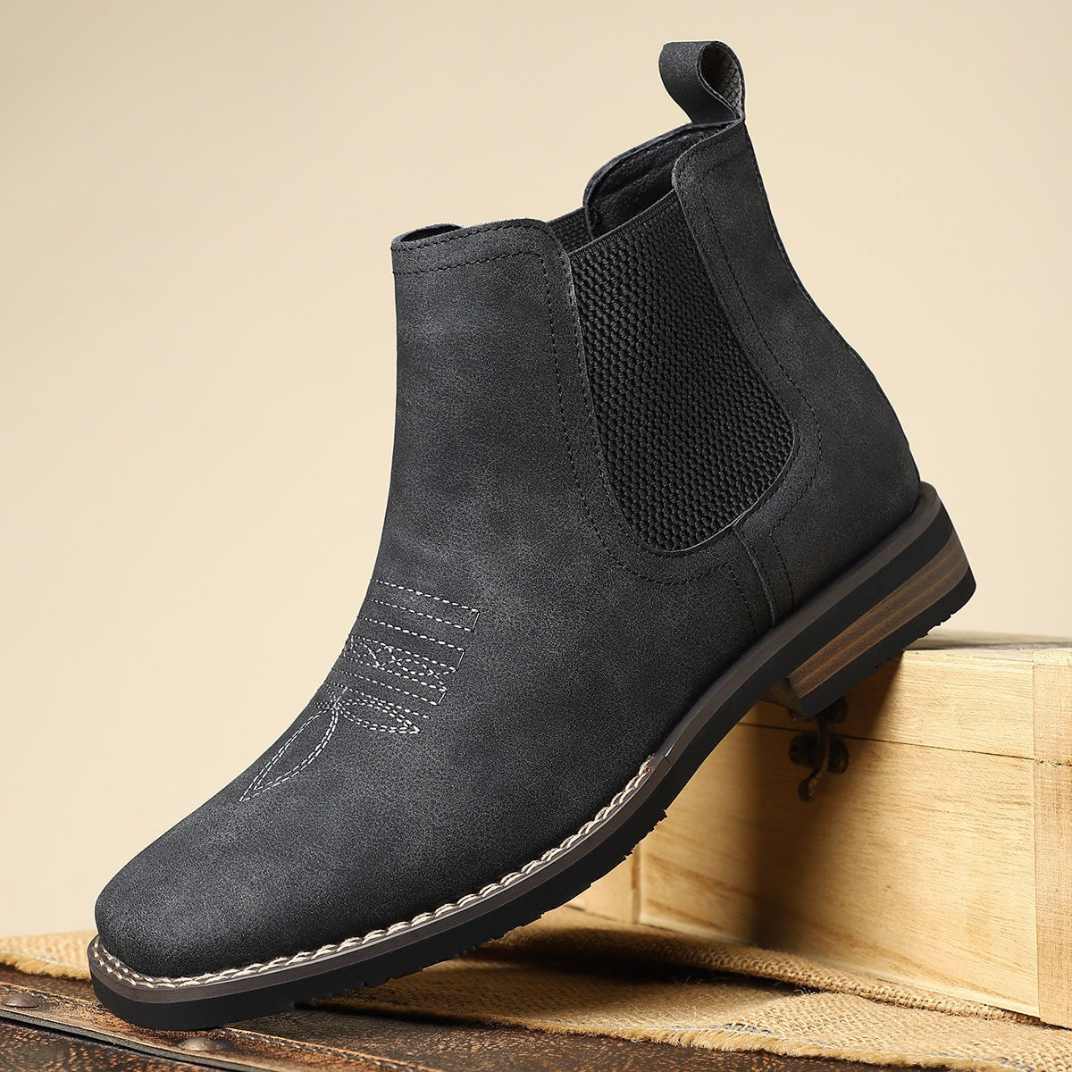 Men Leather Ankle Dress Boots with Square Toe and Elastic Side Panels