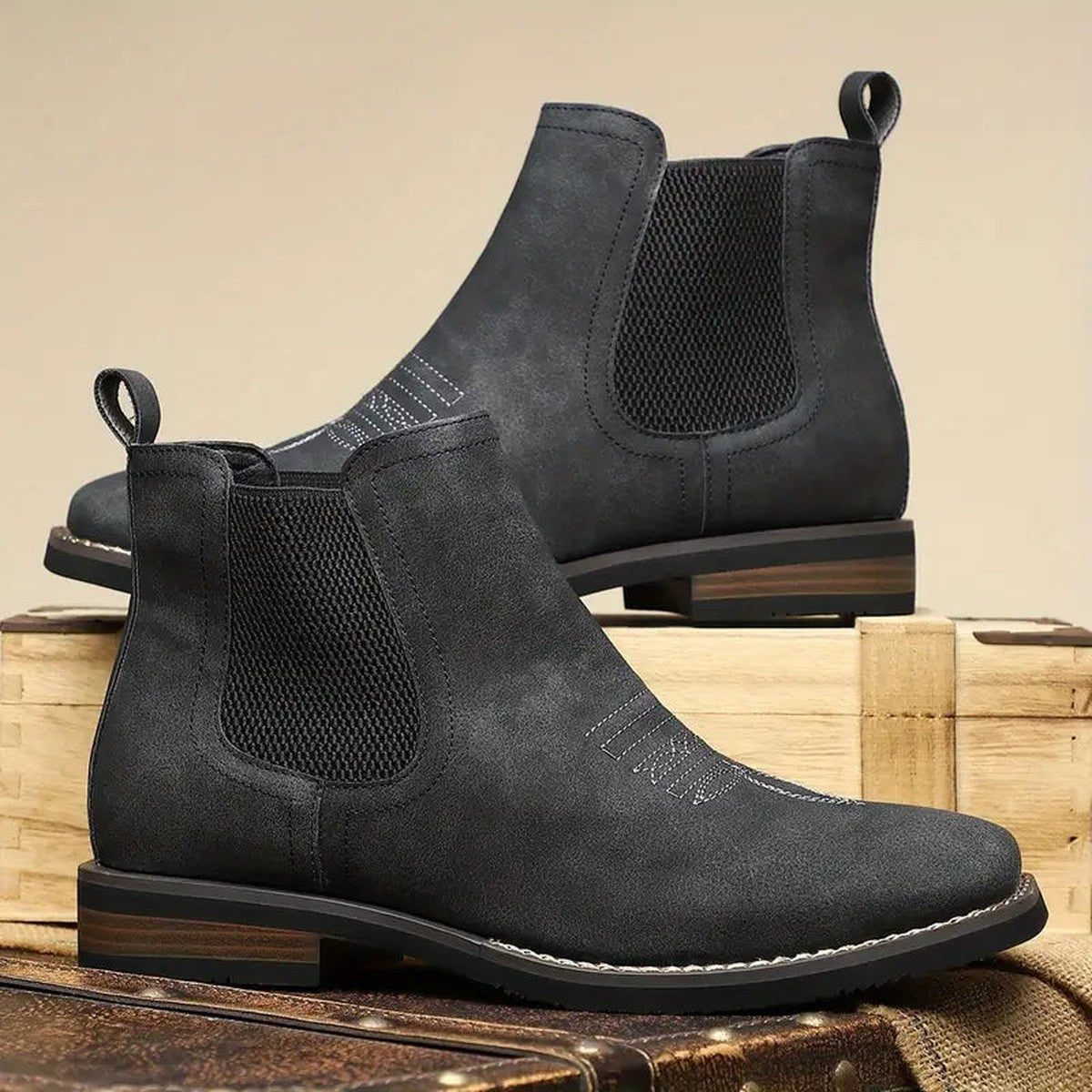 Men Leather Ankle Dress Boots with Square Toe and Elastic Side Panels