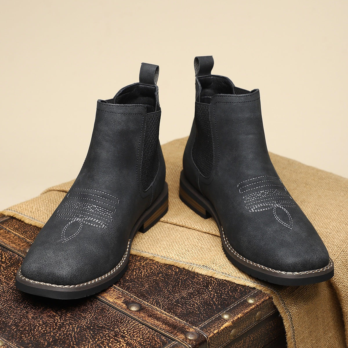 Men Leather Ankle Dress Boots with Square Toe and Elastic Side Panels