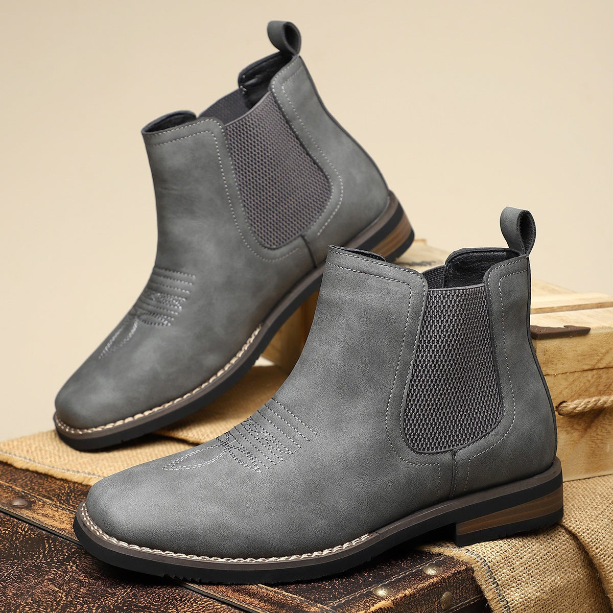 Men Leather Ankle Dress Boots with Square Toe and Elastic Side Panels