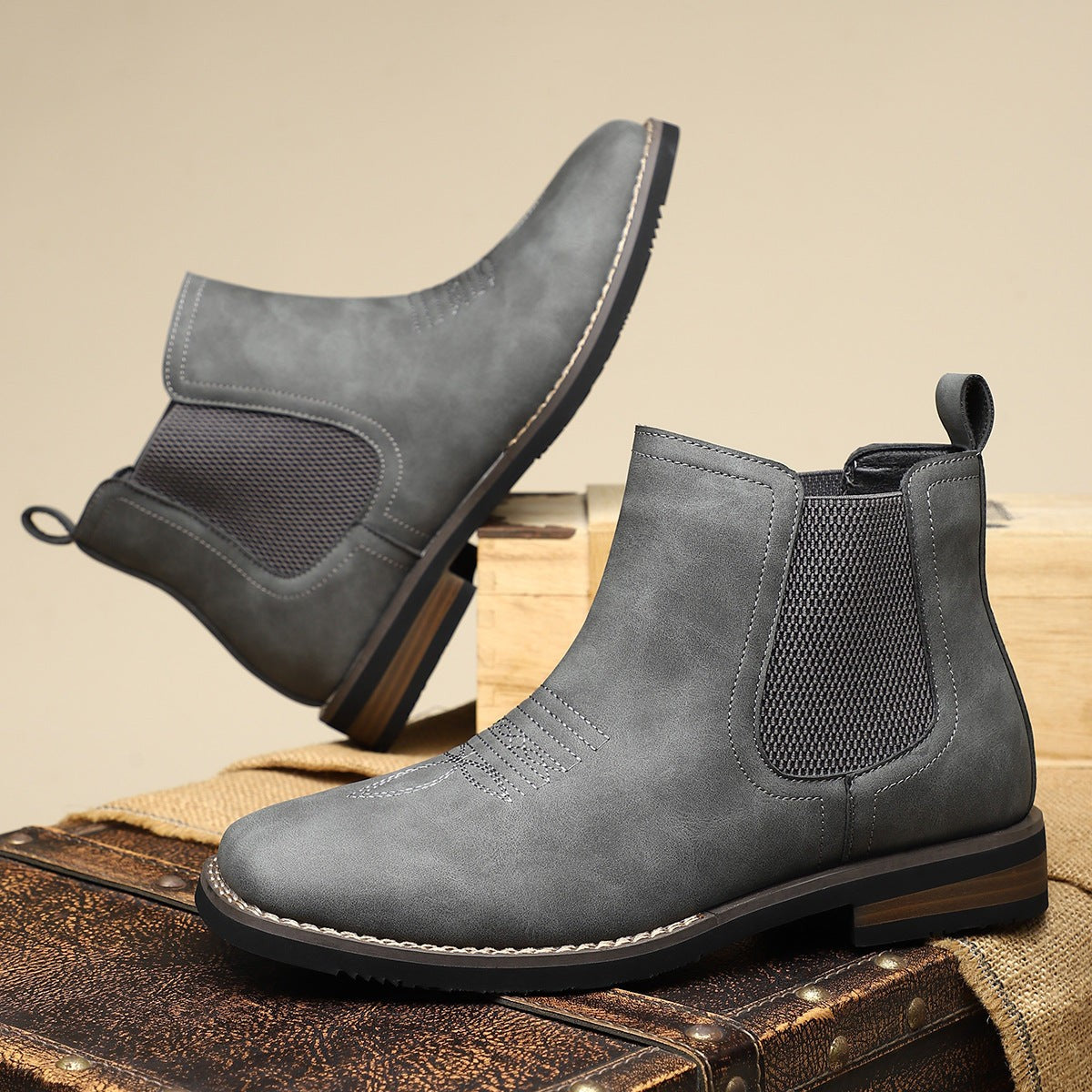 Men Leather Ankle Dress Boots with Square Toe and Elastic Side Panels