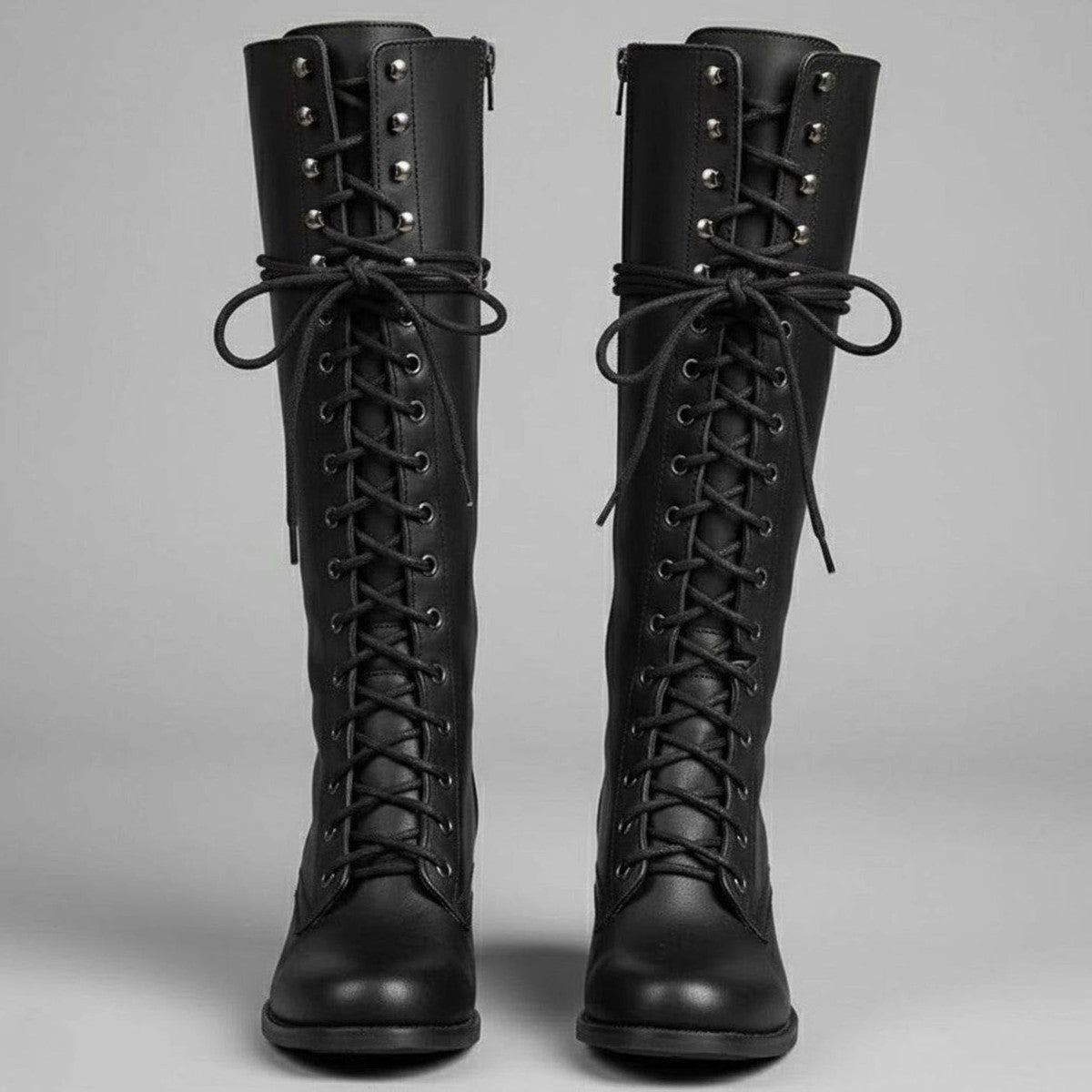 Womens Knee High Lace Up Boots with Side Zipper and Low Block Heel